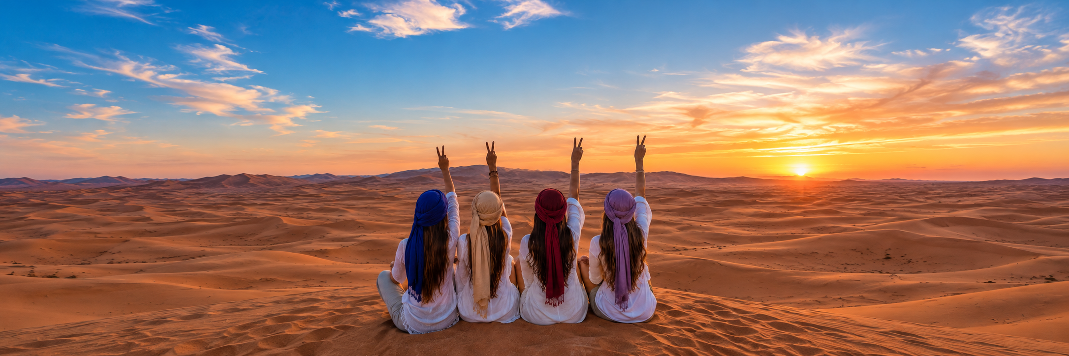 Cuatro viajeras contemplando el atardecer en las dunas durante una ruta privada por Marruecos.